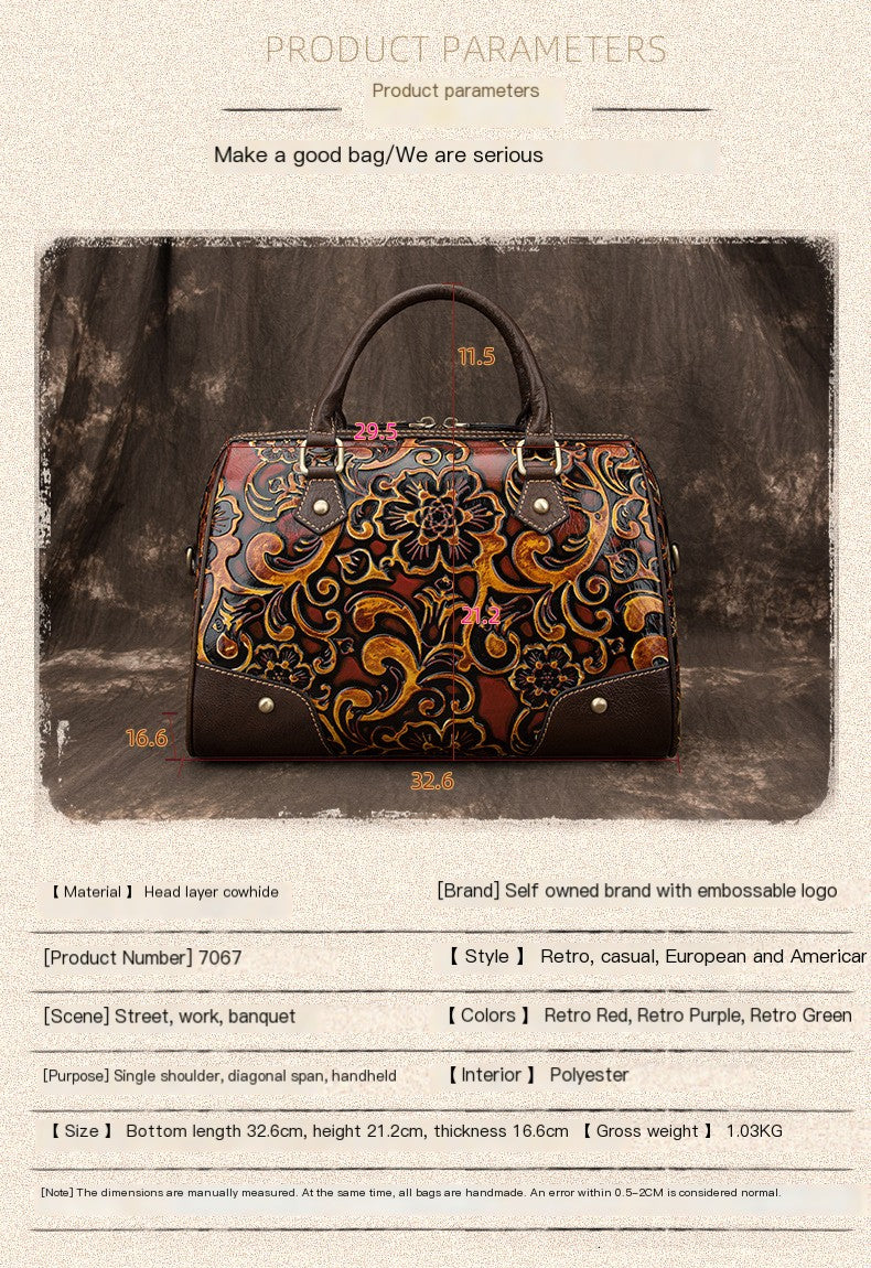 Floral Tooled Leather Boston Bag