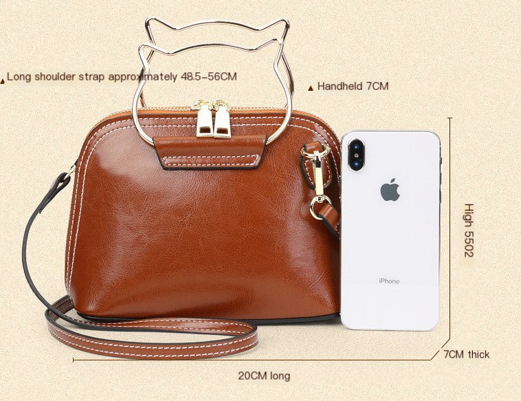 Leather Shoulder Bag with Cat Handle