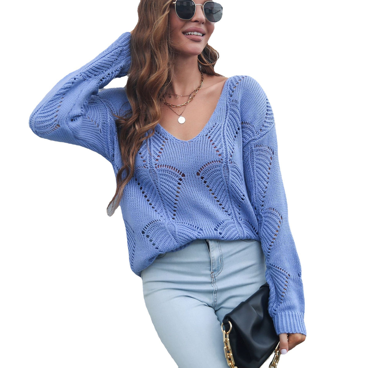 Pointelle Leaf V-Neck Knit Sweater “Vera”