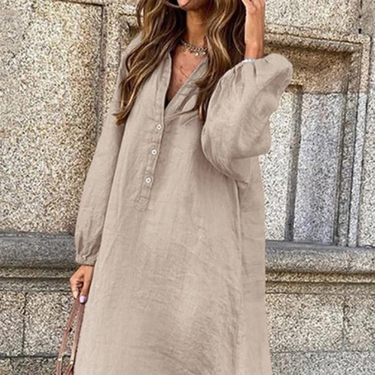 Elegant Women's Cotton Linen Dress with V-neck and Sleeves