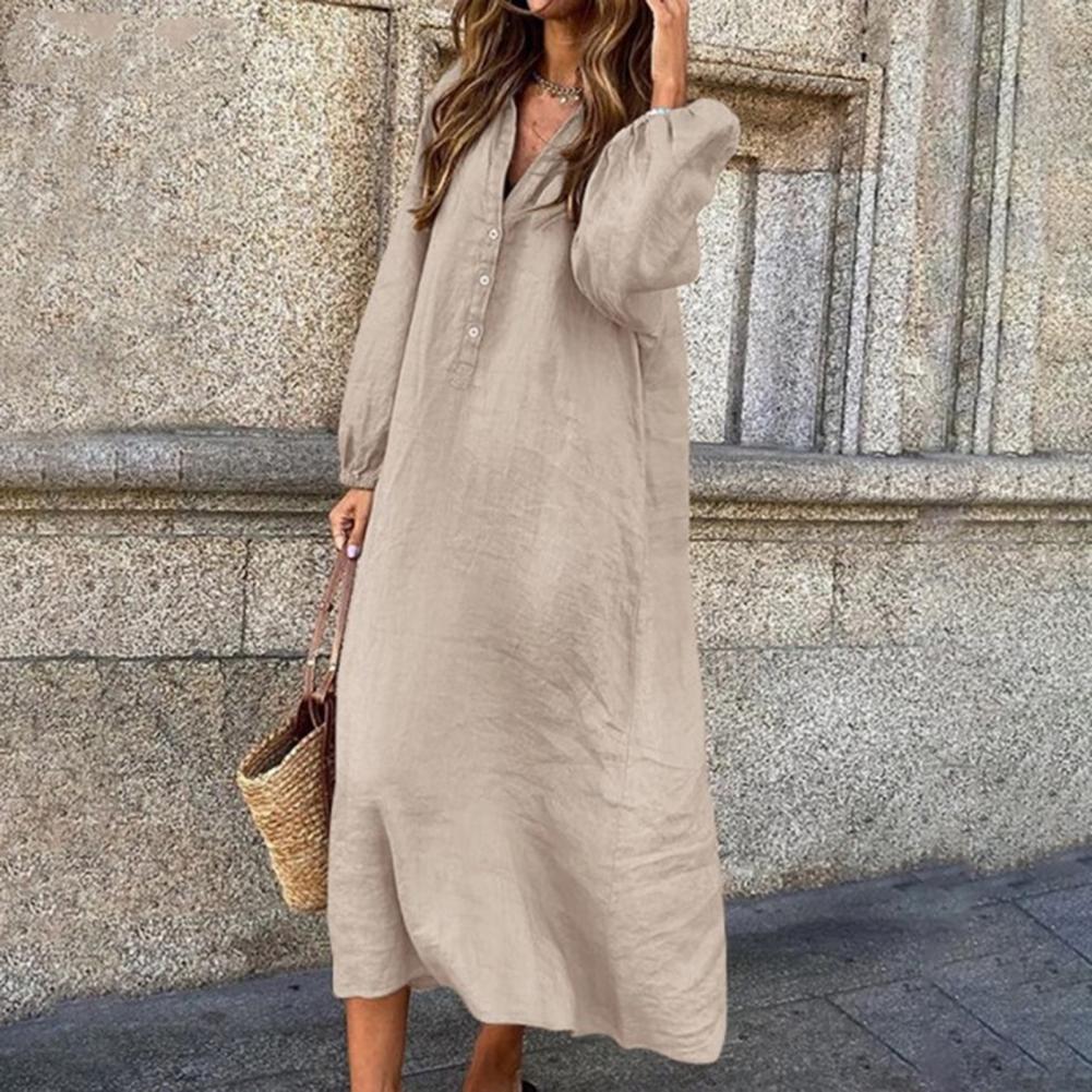 Elegant Women's Cotton Linen Dress with V-neck and Sleeves