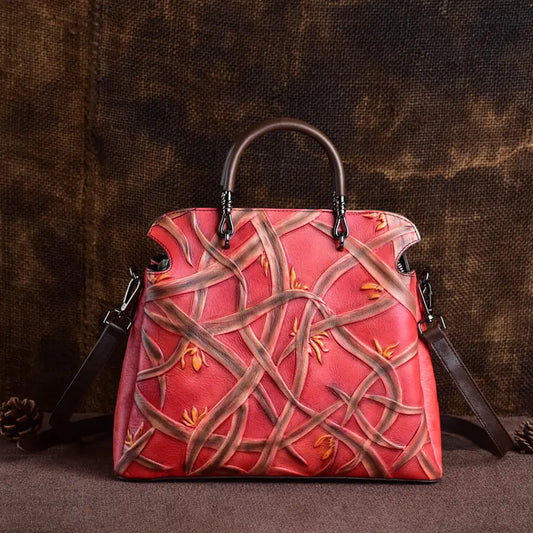 Vintage Floral Leather Tote and Crossbody Bucket Bag