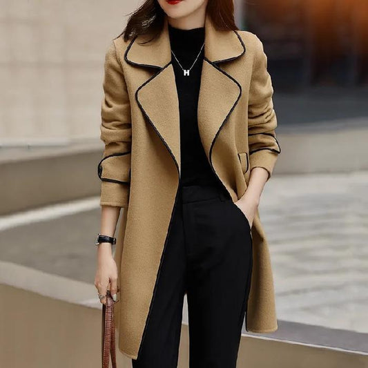 Belted Wool-Look Coat with Contrast Piping “Edith”