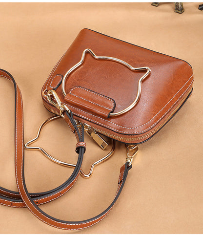 Leather Shoulder Bag with Cat Handle