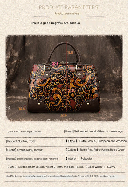 Floral Tooled Leather Boston Bag