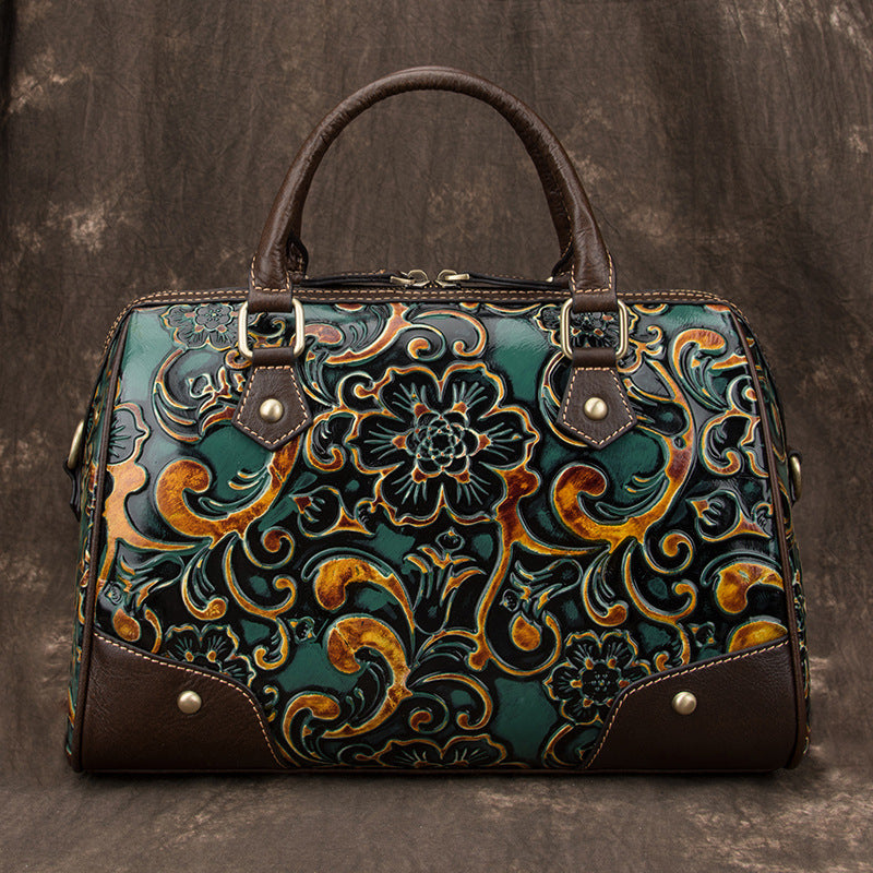 Floral Tooled Leather Boston Bag