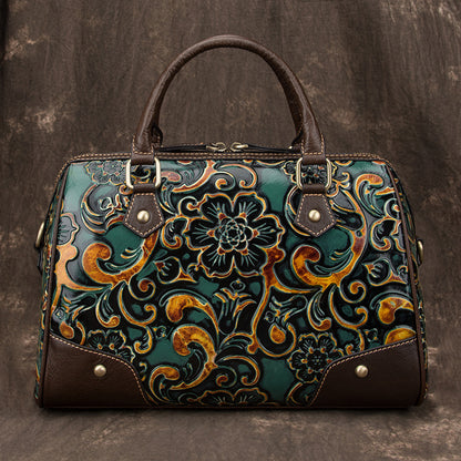 Floral Tooled Leather Boston Bag