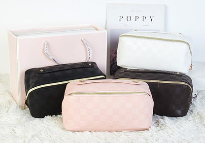 Checked Faux Leather (PU) Open-Flat Makeup Bag