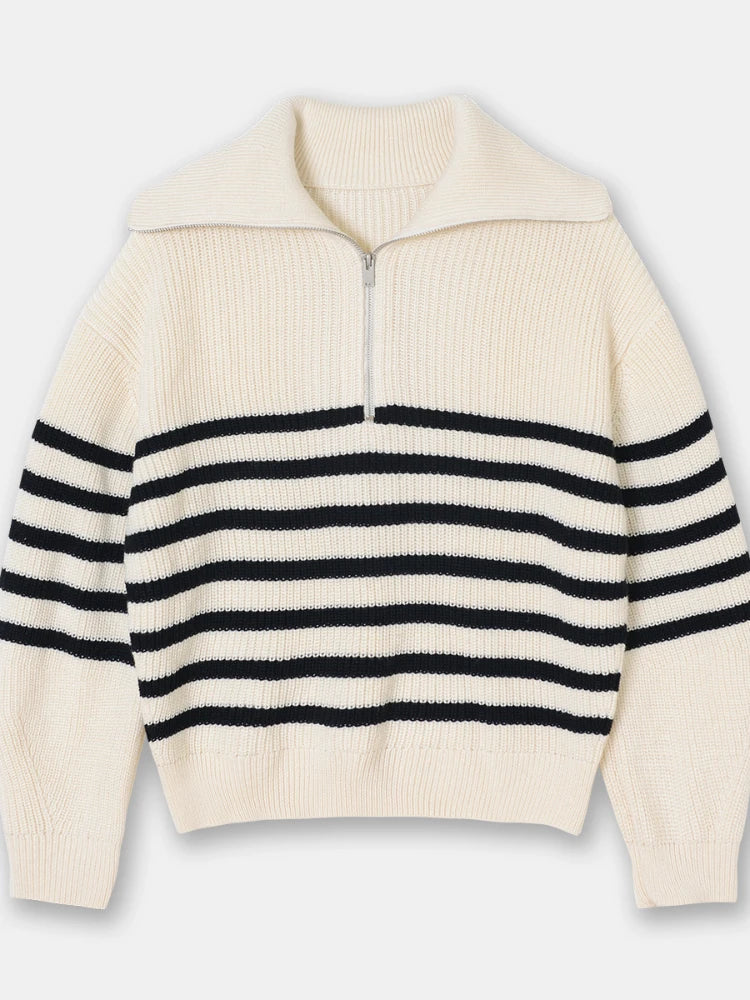 Half-Zip Sailor-Collar Striped Sweater “Gaia”