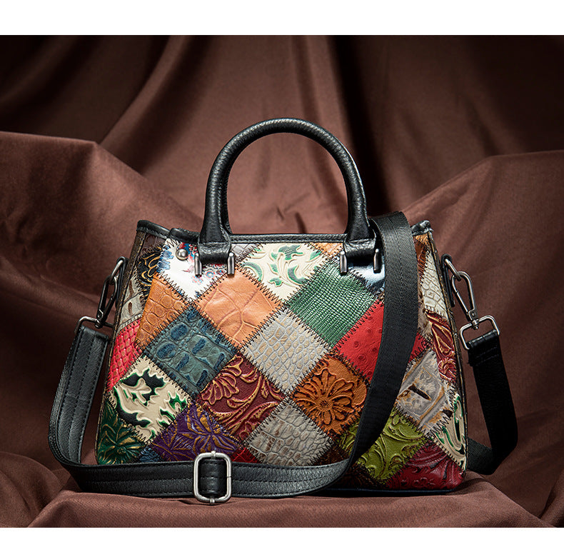 Lederhandtasche im Ethno-Patchwork-Stil
