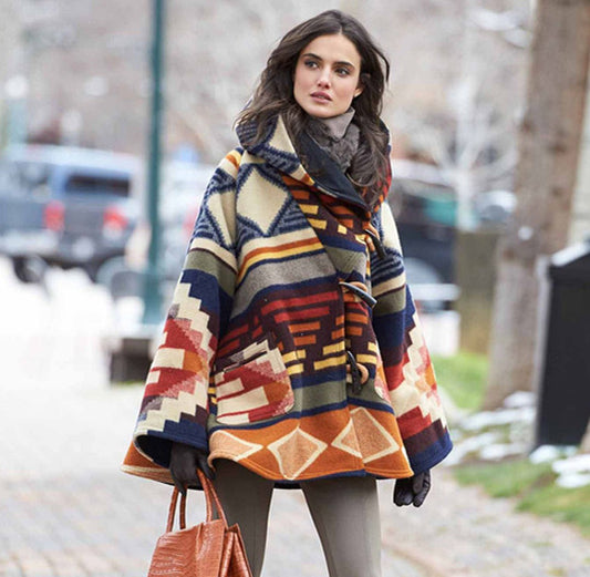 Aztec Print Hooded Wrap Coat “Juna”