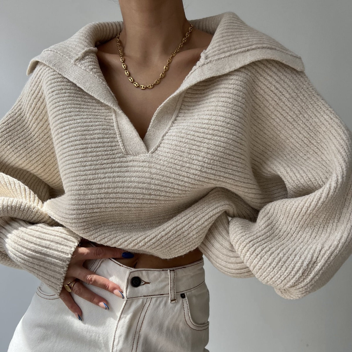 Wide-Collar V-Neck Knit Sweater “Selma”