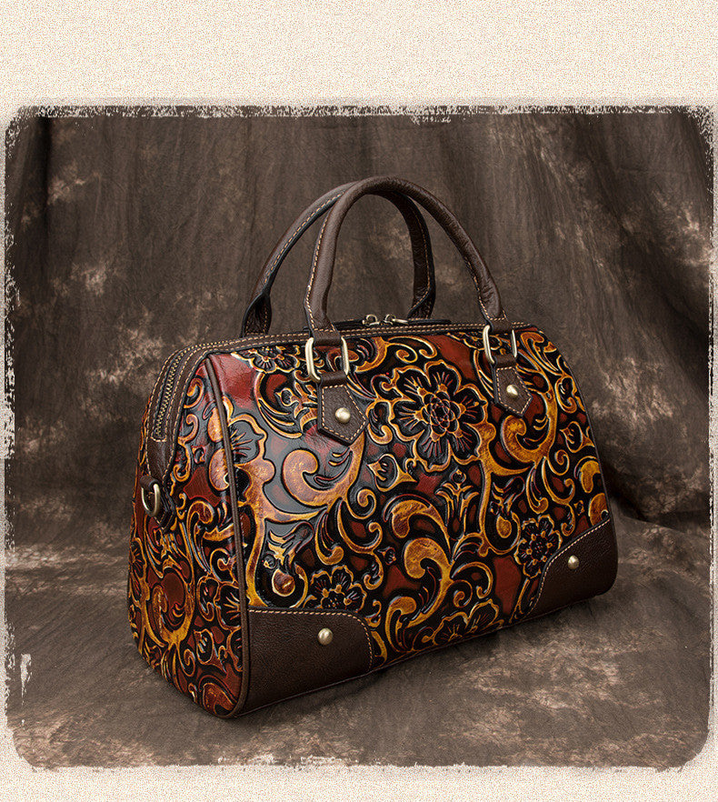 Floral Tooled Leather Boston Bag