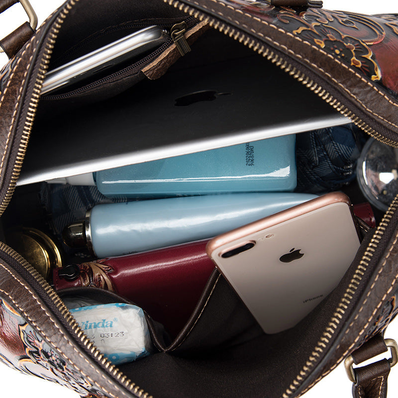 Floral Tooled Leather Boston Bag