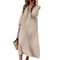 Elegant Women's Cotton Linen Dress with V-neck and Sleeves