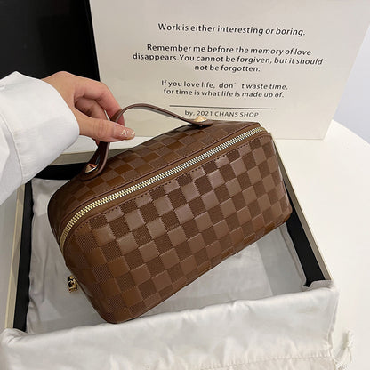 Checked Faux Leather (PU) Open-Flat Makeup Bag