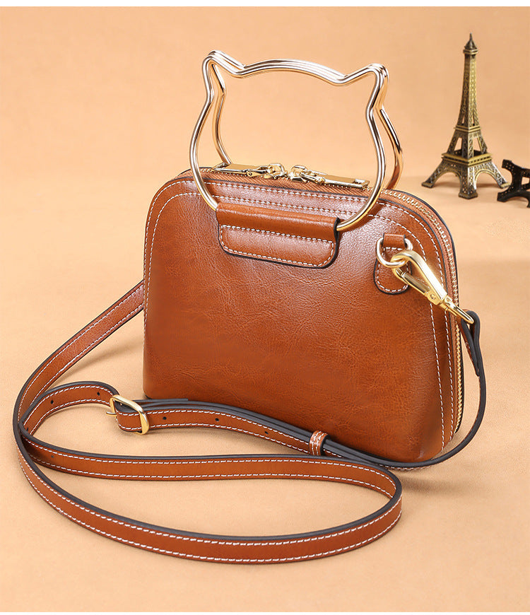 Leather Shoulder Bag with Cat Handle