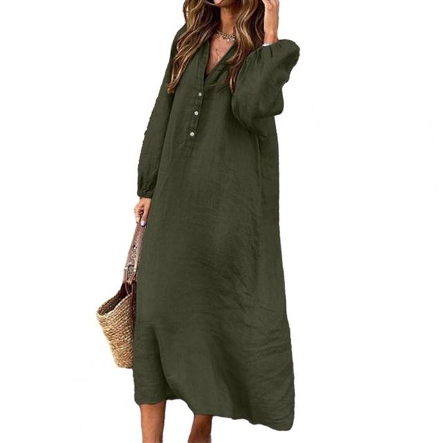 Elegant Women's Cotton Linen Dress with V-neck and Sleeves