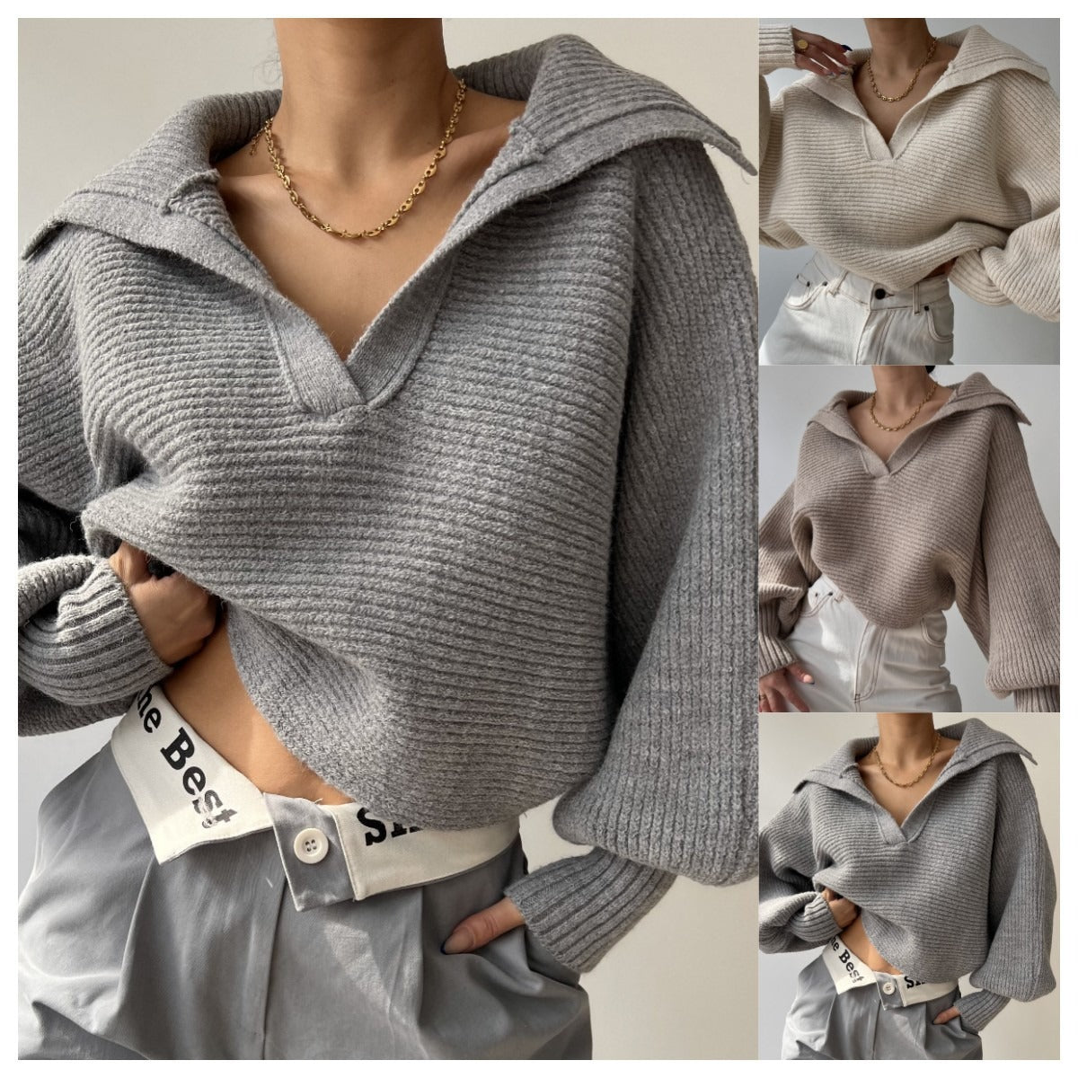 Wide-Collar V-Neck Knit Sweater “Selma”