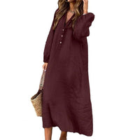 Elegant Women's Cotton Linen Dress with V-neck and Sleeves