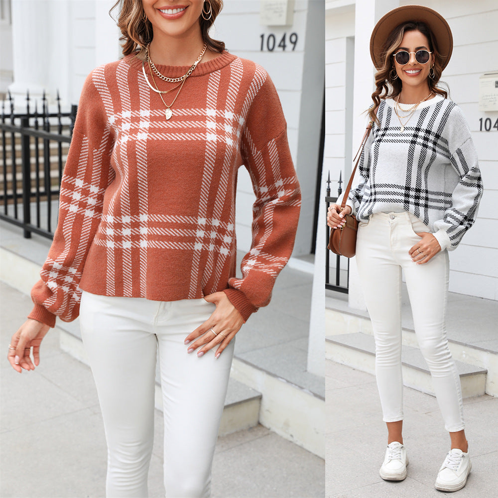Plaid Knit Crew-Neck Sweater “Fiona”