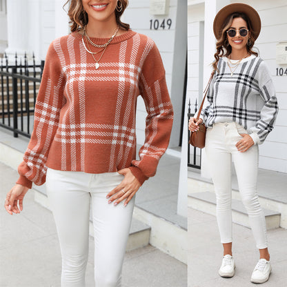Plaid Knit Crew-Neck Sweater “Fiona”