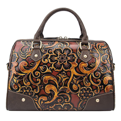 Floral Tooled Leather Boston Bag