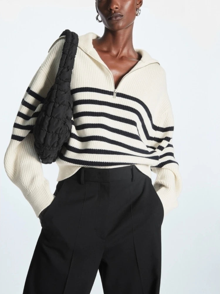 Half-Zip Sailor-Collar Striped Sweater “Gaia”