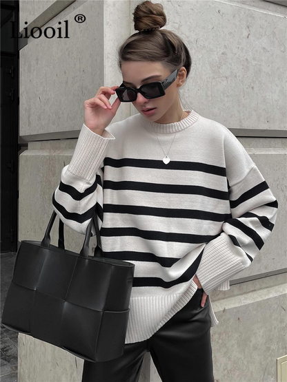 Breton-Stripe Oversized Knit Sweater “Adele”