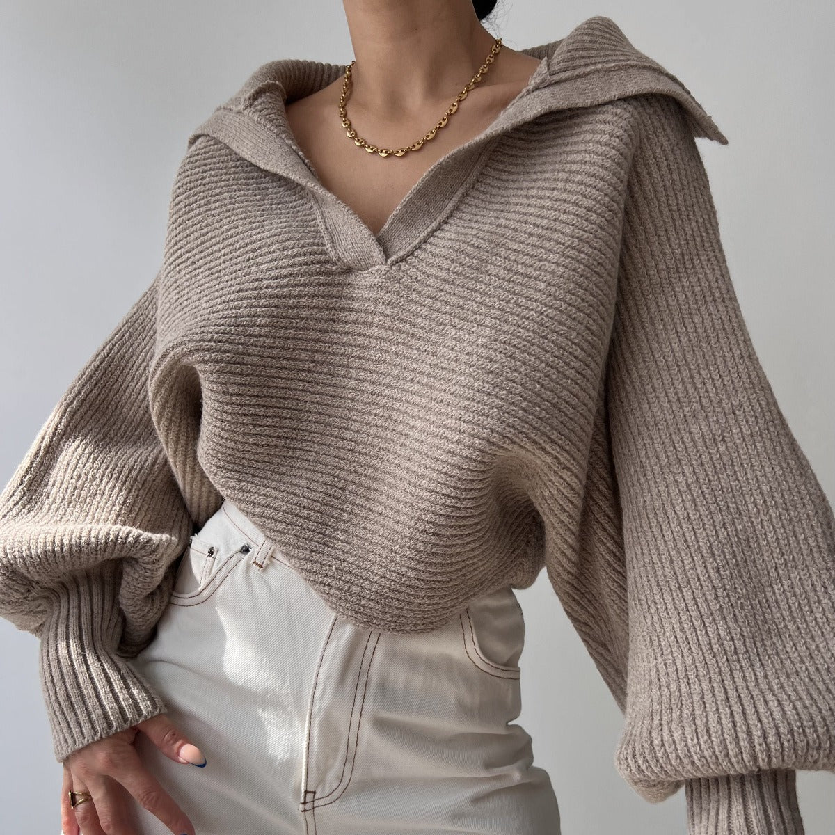 Wide-Collar V-Neck Knit Sweater “Selma”