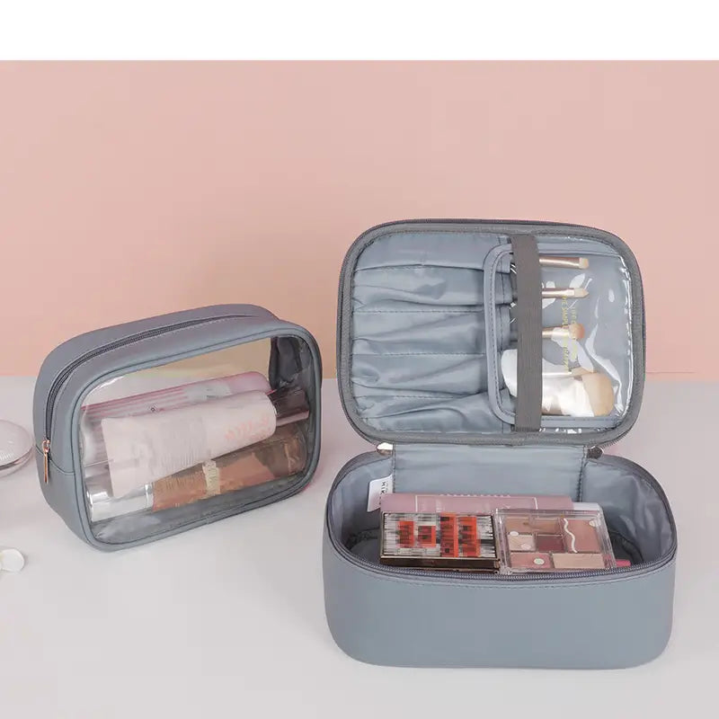 2-Piece Faux Leather (PU) Travel Makeup Bag Set