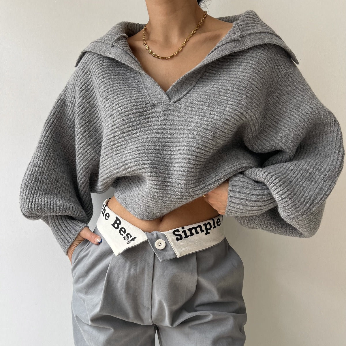 Wide-Collar V-Neck Knit Sweater “Selma”