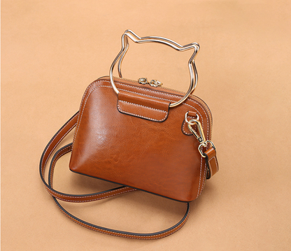 Leather Shoulder Bag with Cat Handle