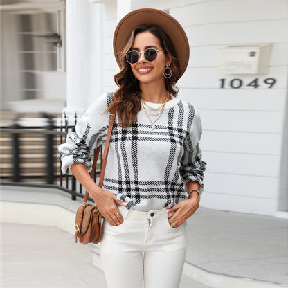 Plaid Knit Crew-Neck Sweater “Fiona”