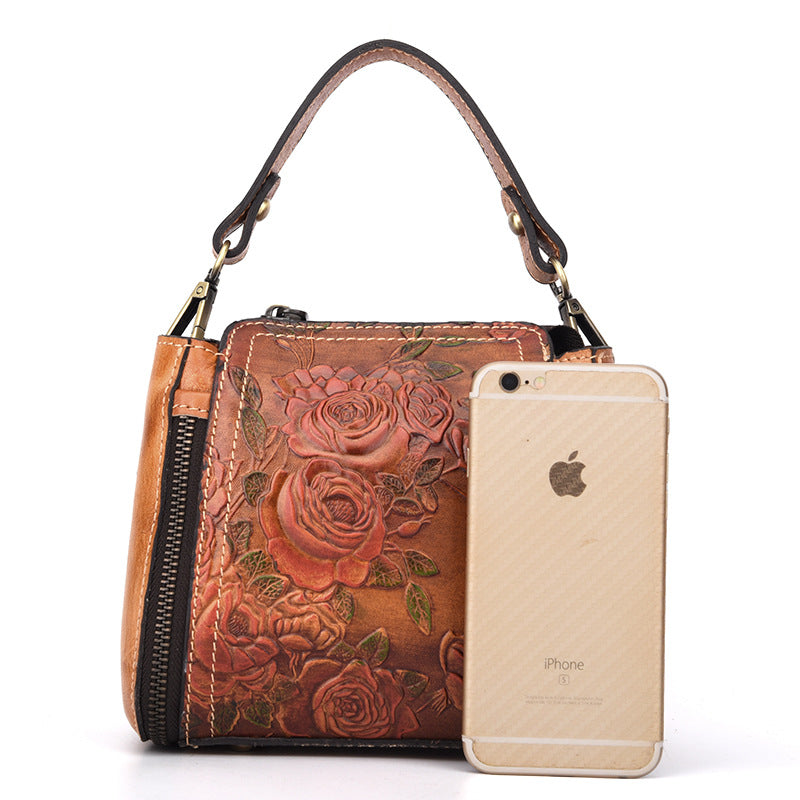 Floral Embossed Leather Handbag