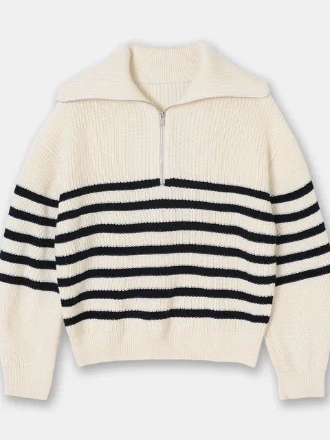 Half-Zip Sailor-Collar Striped Sweater “Gaia”