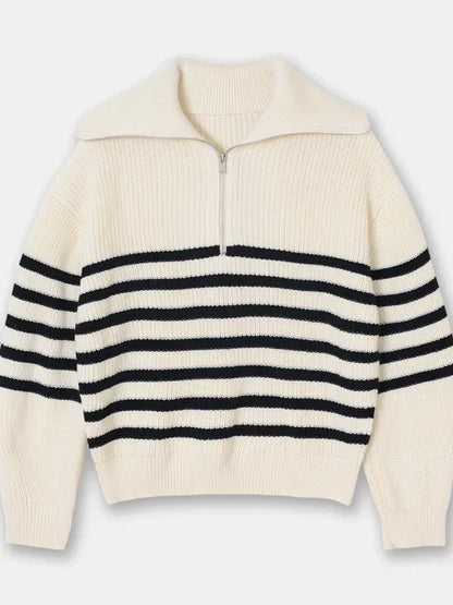 Half-Zip Sailor-Collar Striped Sweater “Gaia”