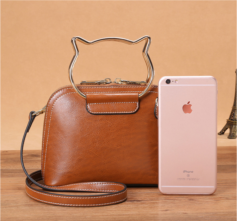 Leather Shoulder Bag with Cat Handle