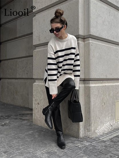 Breton-Stripe Oversized Knit Sweater “Adele”