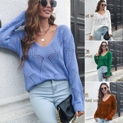 Pointelle Leaf V-Neck Knit Sweater “Vera”