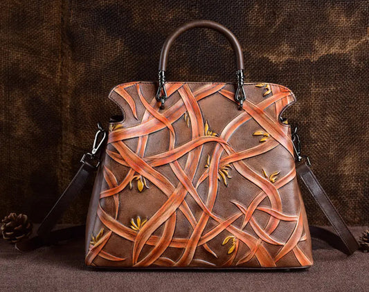 Vintage Floral Leather Tote and Crossbody Bucket Bag