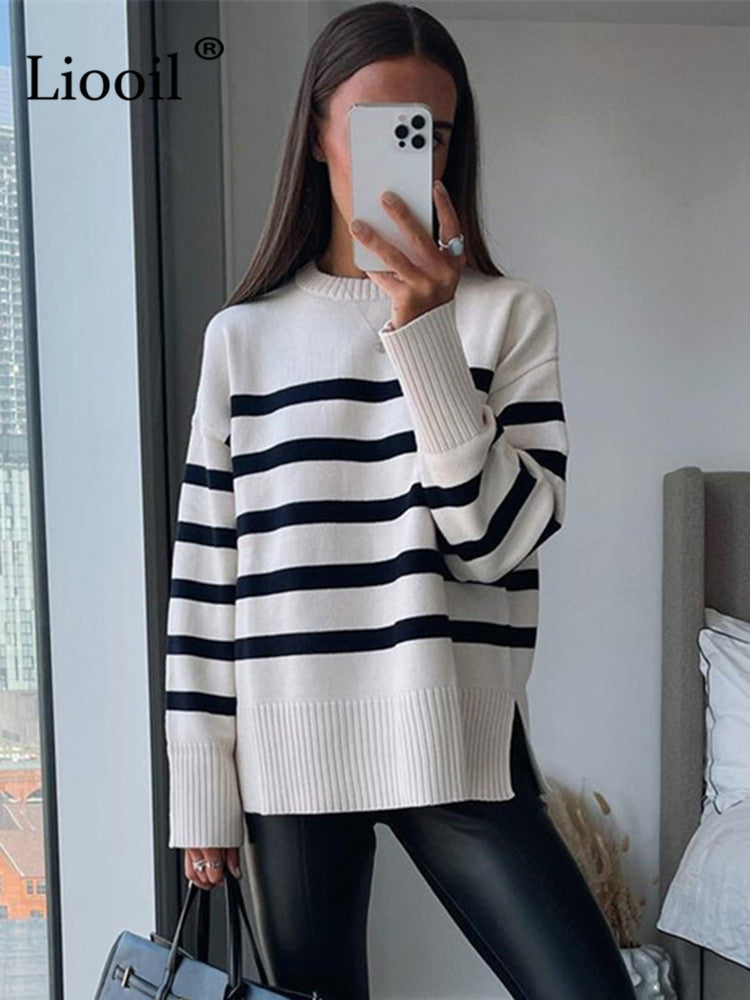 Breton-Stripe Oversized Knit Sweater “Adele”