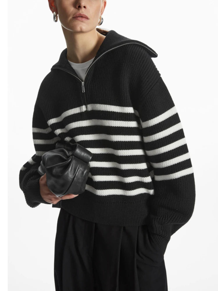Half-Zip Sailor-Collar Striped Sweater “Gaia”