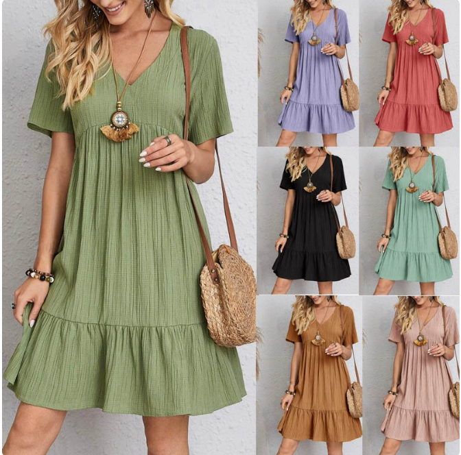 Einfarbiges Babydoll-Kleid mit V-Ausschnitt „Carla“
