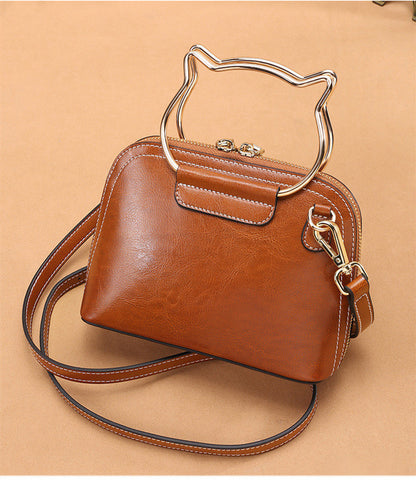 Leather Shoulder Bag with Cat Handle