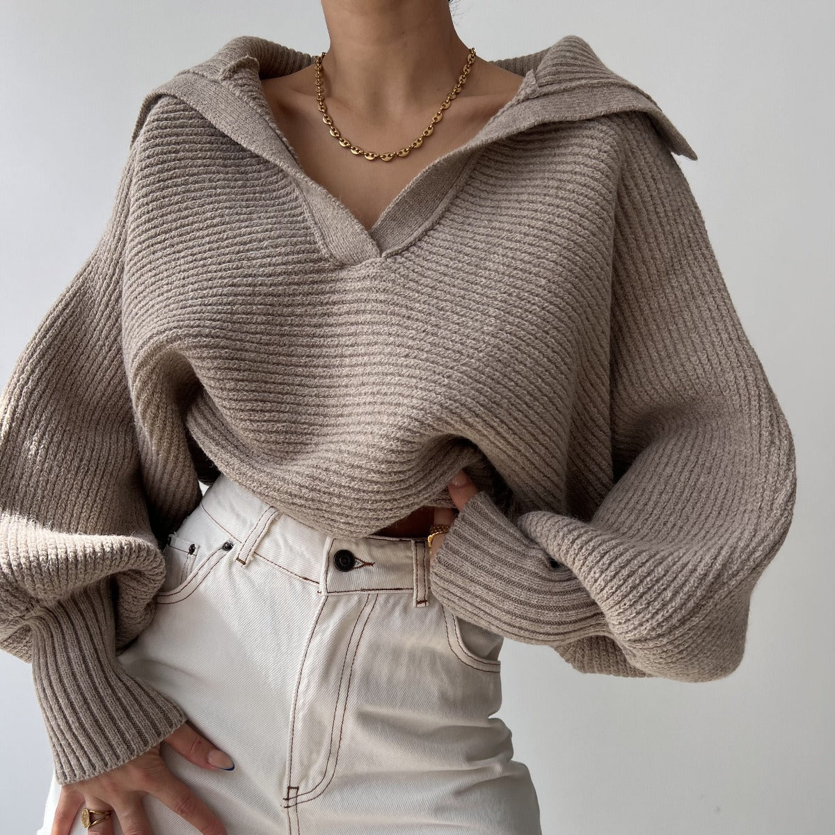 Wide-Collar V-Neck Knit Sweater “Selma”