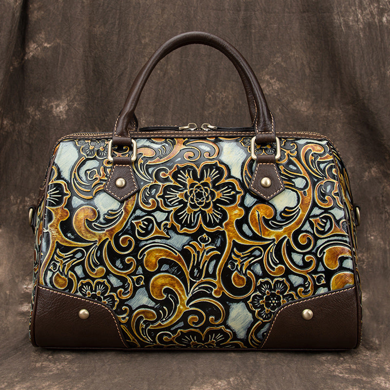 Floral Tooled Leather Boston Bag