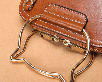 Leather Shoulder Bag with Cat Handle