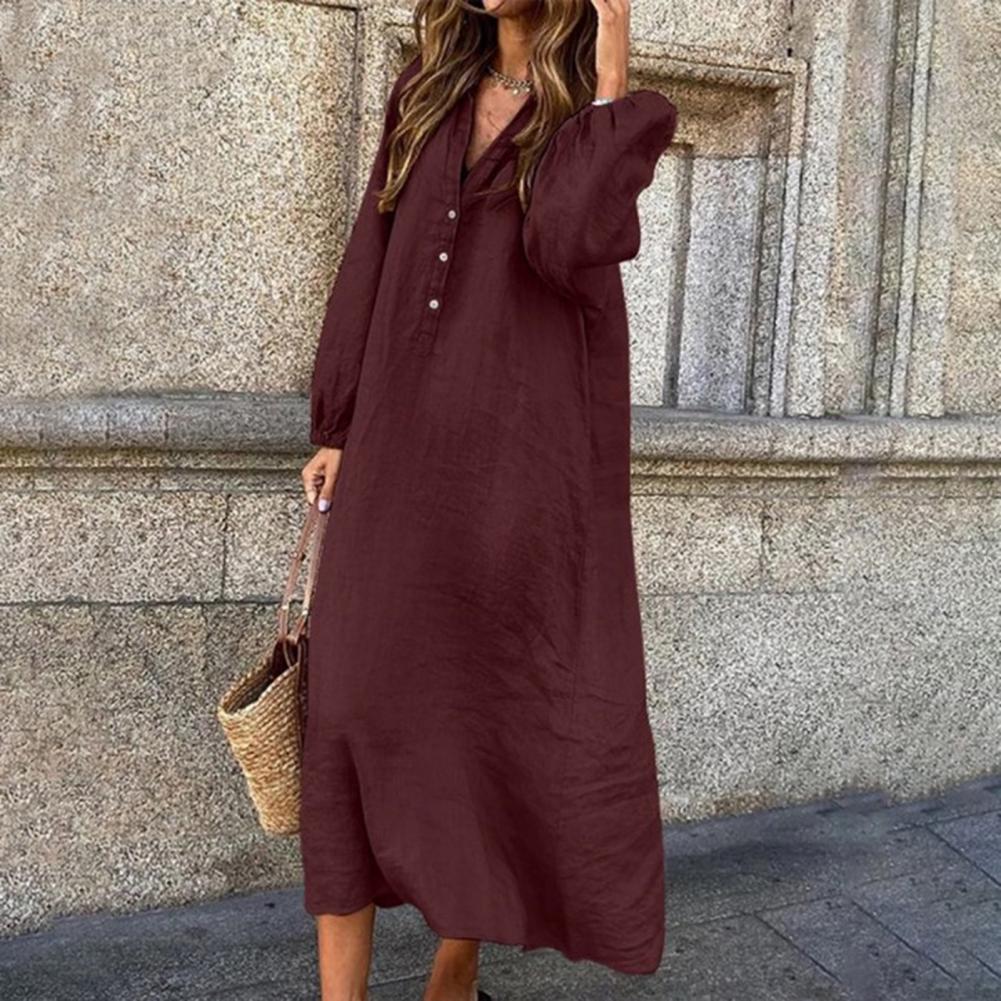Elegant Women's Cotton Linen Dress with V-neck and Sleeves