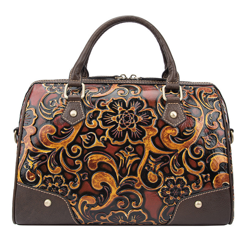Floral Tooled Leather Boston Bag
